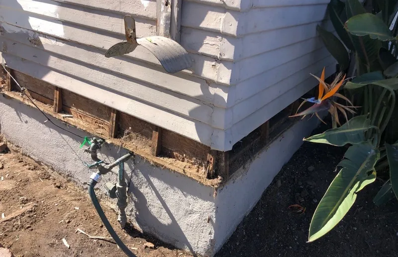 Rotted wood siding at the base of a bungalow wall before replacement